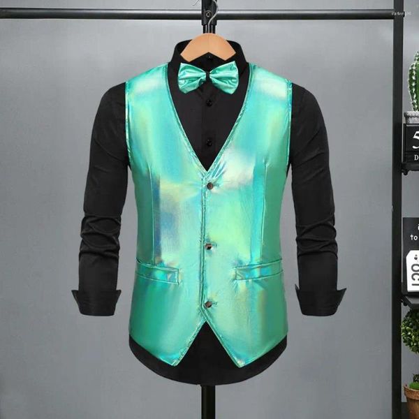 Chalecos para hombres Cool Men Vest Retro Disco Groom Wedding Party Bow Tie Set con superficie brillante V Cuello de un solo pecho para especial