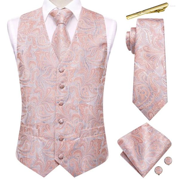 Gilets pour hommes Corail Rose Paisley Soie Hommes Gilet Sans Manches Jacquard Col En V Gilet Cravate Hanky Boutons De Manchette Clip Mariage Fête D'affaires Hi-Tie