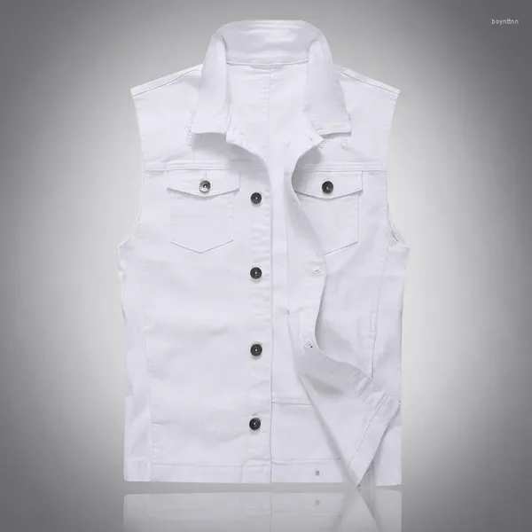 Gilets pour hommes coton blanc veste de cowboy rétro chemisier sans manches mode masculine décontracté effiloché gilet denim manteau de haute qualité