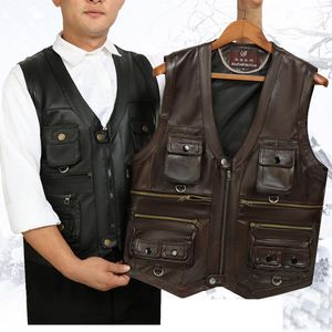 Chalecos de cuero de vaca para hombre, chaleco de cuero genuino, chaleco marrón para hombre, chaqueta sin mangas para hombre, chaqueta gruesa de talla grande para motocicleta, abrigos con cremallera y varios bolsillos