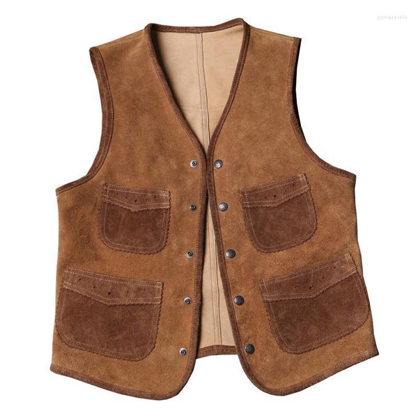 Gilets pour hommes en cuir de vachette pour hommes en cuir véritable gilet Vintage véritable moto motard sans manches vestes Western Cowboy gilet décontracté S-3XL Guin22