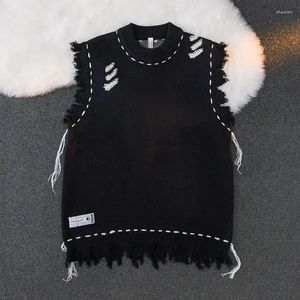 Herenvesten Crewneck Vest met gaten ronde kraag gebreide trui mannelijke mouwloze kleding instelling hippie gescheurd zwarte 90s vintage casual