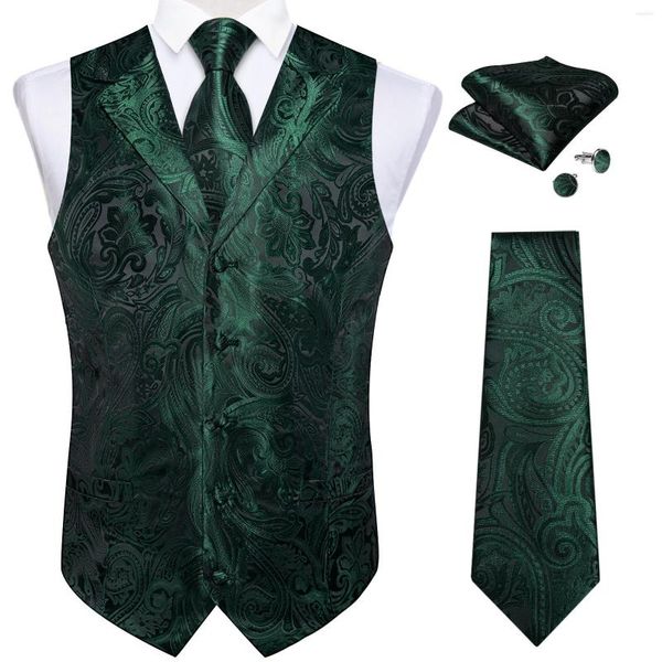 Chalecos de hombre Chaleco de hombre verde oscuro Cuello vuelto Vestido de esmoquin de negocios Chaleco Corbata de Paisley de lujo Gemelos cuadrados de bolsillo para boda