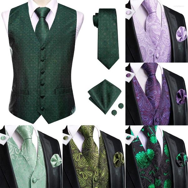 Gilets pour hommes Foncé Vert Soie Hommes Gilet Cravate Élégante Robe Solide Veste Sans Manches 4PC Hanky Cufflink Paisley Costume Gilet Cadeau De Mariage Hi-Tie