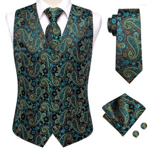 Gilets pour hommes Dark Green Silk Mens Vest Cravate Set Jacquard Paisley Veste sans manches Costume Gilet Cravate Hanky Boutons de manchette Mariage Business XXL