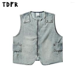 Heren Vesten Denim Cargo Vest Heren Gewassen Verontruste Knop Decoratie Ronde Hals Rits Mouwloze Heren