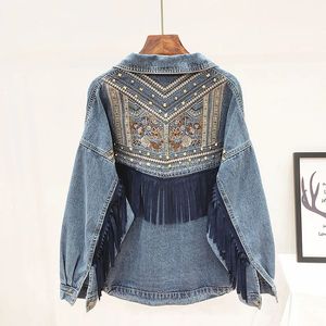 Herenvesten Denim jack Bloemenborduurwerk Suede Franje Losse denim jas Chaquetas Mujer Jas Lange mouwen Bovenkleding Dames Vintage Streetwear 231219