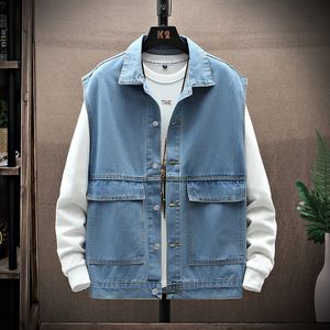 Herenvesten denim mouwloze jas mannen mode casual revers cotton jean vettenjeans waistcoat cowboy reguliere heren streetwear kleding 230420