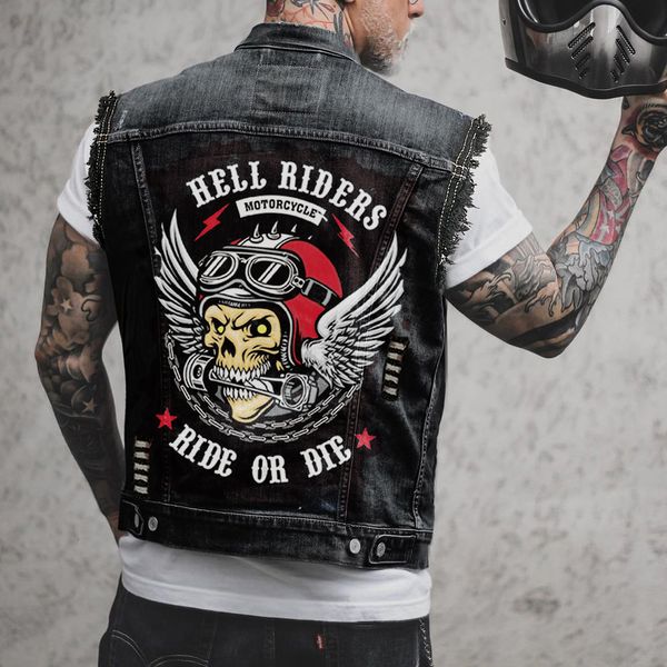 Gilets pour hommes Denim Vest 2023 Skull Print Top Tank Ropa Hombre Gym Vêtements Hommes Moto Surdimensionné S6XL 230826