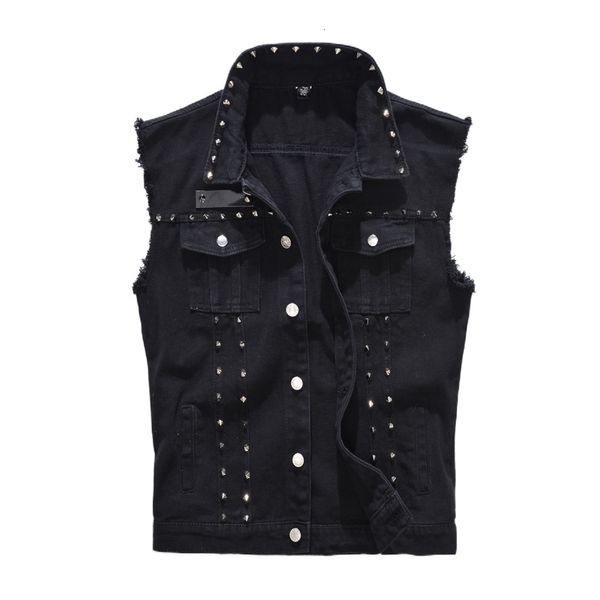 Hommes Gilets Denim Gilet Hommes Punk Rock Rivet Cowboy Noir Jeans Gilet De Mode Hommes Moto Style Sans Manches Jeans Veste M-6XL 230803