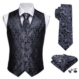 Herenvesten Designer Mens Classic Black Paisley Jacquard Folral Silk Waistcoat zakdoek Tie Vest Suit Pack Square Set Barry.wang 230331