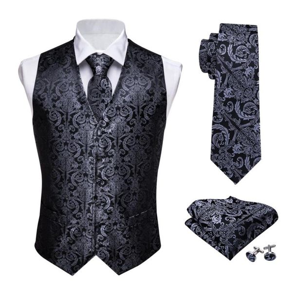 Gilets pour hommes Designer Hommes Classique Noir Paisley Jacquard Folral Soie Gilet Mouchoir Cravate Gilet Costume Pocket Square Set Barry.Wang