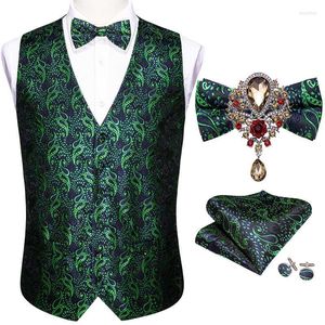 Chalecos de hombre Diseñador Chaleco de traje de boda para hombre Clásico Verde Paisley Jacquard Folral Chaleco de seda Conjunto de broches de mariposa Barry.WangMen's