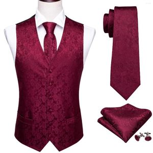 Chalecos para hombre Chaleco de diseñador para hombre Seda bordada Rojo Borgoña Paisley Chaleco Corbata Bolsillo cuadrado Conjunto Slim Fit Traje de boda Barry Wang