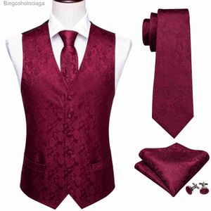 Herenvesten Designer vest voor mannen Zijde geborduurd rood Bury Paisley gilet Stropdas Pochet Set Slim Fit trouwpak Barry WangL231014