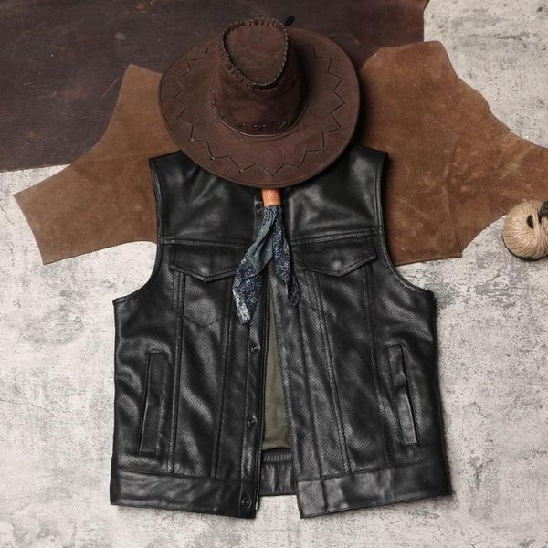 Chalecos para hombres DSV549 Tamaño asiático Super Calidad Curtido Veg Cuero de vaca Vintage Chaleco Elegante Malla Biker Chaleco