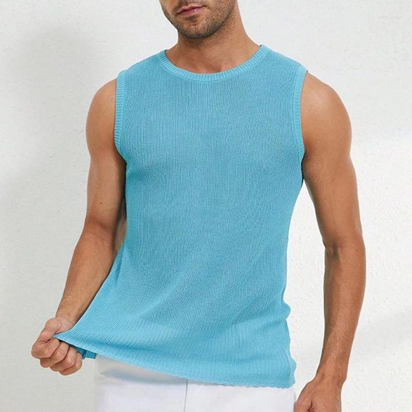 Chalecos para hombres Elástico Slim Ribbed Tank Tops Hombres Casual Ropa de gimnasio Verano Sin mangas O Cuello Sólido Chaleco de punto Moda para hombre Camisola