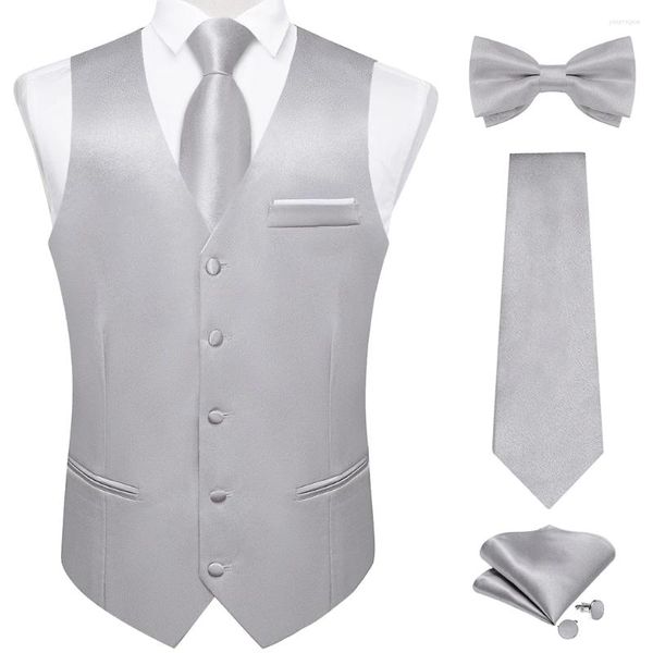 Chalecos para hombres Elegante chaleco de traje sólido gris con bolsillo Chaleco de satén Corbata Pajarita Pañuelo Gemelos para esmoquin Boda Prom