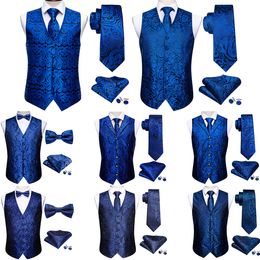 Chalecos para hombres Chaleco elegante para hombres Primavera de seda Azul real Azul marino Paisley Chaleco formal para hombre Traje Chaqueta sin mangas Vestido Barry Wang 230808