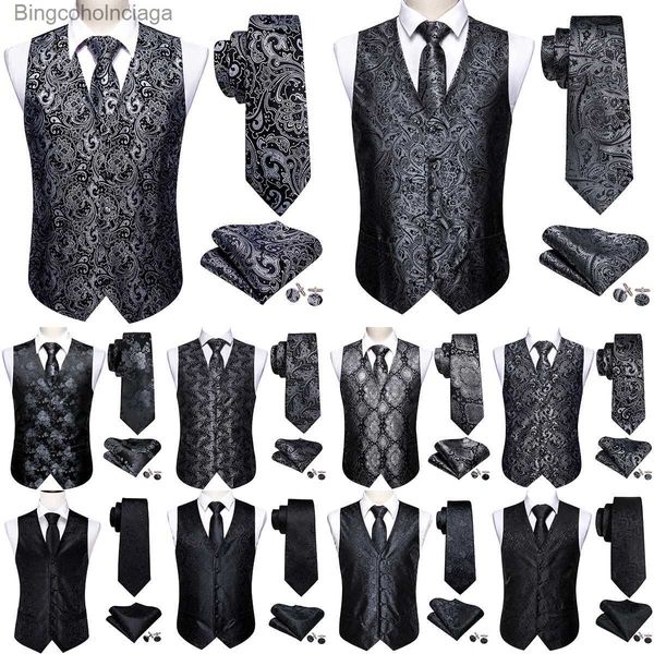 Chalecos para hombres Chaleco para hombre elegante Seda Negro Plata Pasley Vestido floral Traje Chaleco Corbata Conjunto de pajarita Chaqueta sin mangas Formal Barry WangL231014