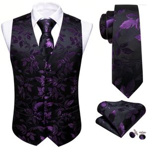 Chalecos para hombre, chaleco elegante de seda púrpura y negro para hombre, chaleco de flores, corbata, conjunto de gemelos y pañuelo, traje Formal de negocios para hombre Barry Wang