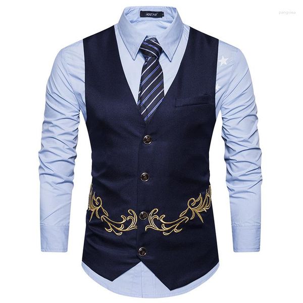 Hommes gilets gilet brodé affaires simple boutonnage couleur unie décontracté formel gilet costume de mode mâle Slim Fit