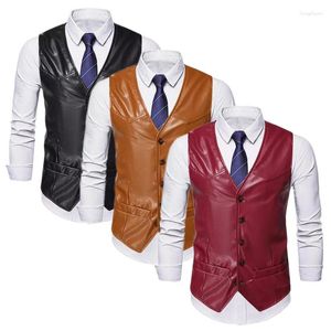 Chalecos masculinos europeas estadounidenses de negocios minimalistas casuales chaleco ropa rojo / negro ceñido de cuero sintético de pecho individual