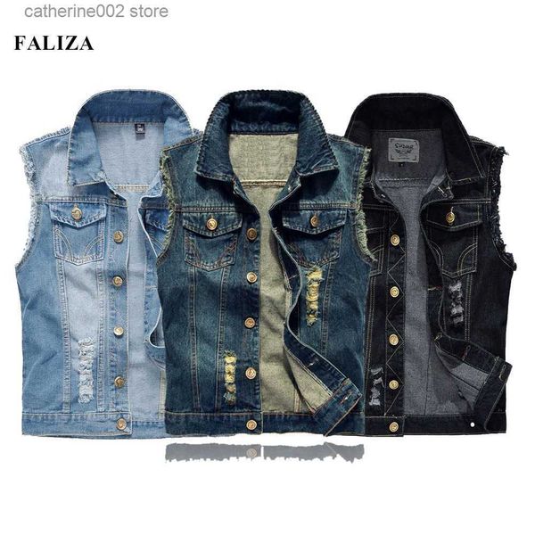 Hommes Gilets FALIZA Hommes Denim Gilets Déchiré Sans Manches Jeans Veste Hommes Gilets Coton Gilet Débardeur West Cowboy Hip Hop Streetwear MDJ07 T230724