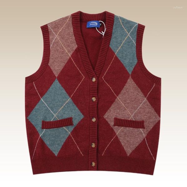 Chalecos para hombres Otoño V Cuello Cardigan Suéter Chaleco Punto para Hombres Vintage Contraste Geometría Patrón Lujo Británico Versátil