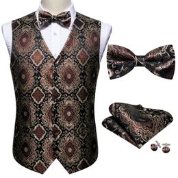 Hommes Gilets Mode Marron Floral Soie Gilet Gilet Hommes Costume Papillon Mouchoir Boutons De Manchette Noeud Papillon Barry.Wang Business DesignMen's