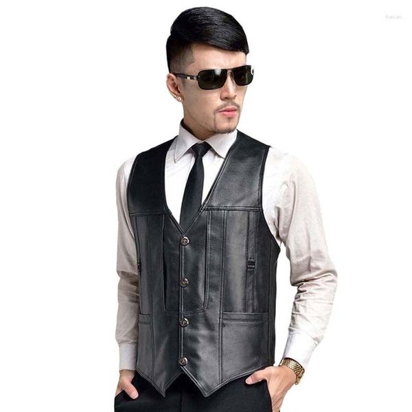 Chalecos para hombres Moda Casual Chaleco delgado Hombres Chaqueta sin mangas Piel suave Marca de cuero con cuello en V Chaleco de 5 bolsillos Ropa de hombre Tallas grandes