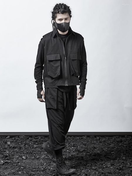 Vêtes pour hommes Design de mode multi-poche personnalité de gilet fonctionnel ventilateur automobile Tenvas Black Coat Street Cool Mens