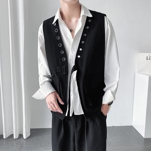 Mannen Vesten Mode Gat 3D Pocket Riem Losse Casual Koreaanse Vest Jas Mannelijke Vrouwen Streetwear Vintage Mouwloze Jas Vest 230705