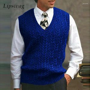 Chalecos para hombres Fashion Knitwear Men Vintage Twist Jacquard Knit Vest Pure Color V Neck Sweater Mens Spring Camisetas de punto de punto casual