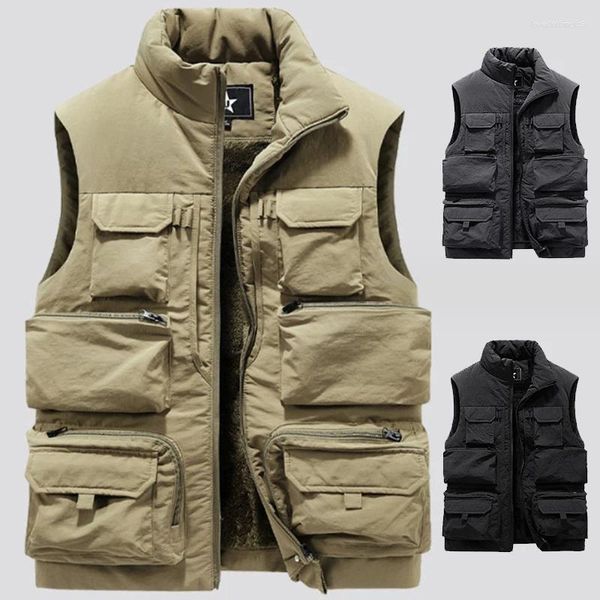 Chalecos para hombres Moda Hombres Chaleco de carga Invierno Grueso Fleece Cálido Sin mangas Chaqueta deportiva Color sólido Táctico Abrigo Bolsillos Chaleco de trabajo