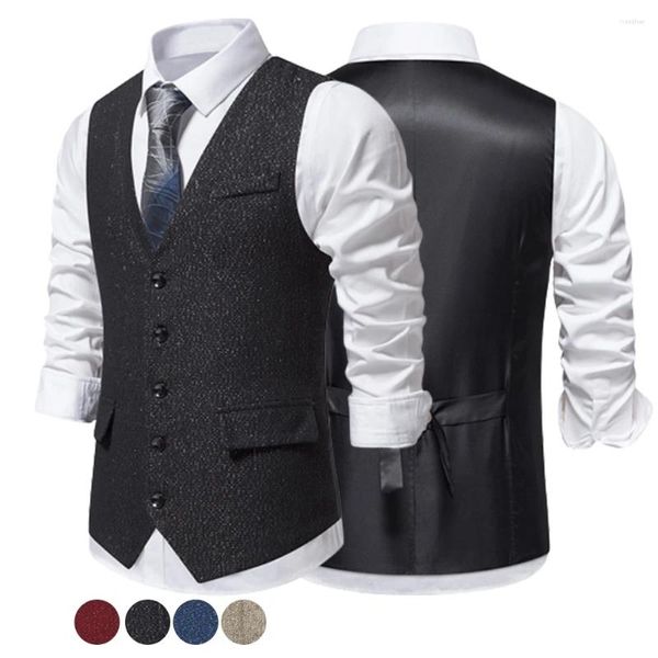 Chalecos para hombres Moda Hombres con cuello en V Traje de un solo pecho Chaleco Casual Boda Groomman Vestido Chaleco Hombre Slim Fit Formal Business