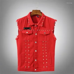 Heren Vesten Mode Heren Klinknagel Denim Vest Punk Party Bezaaid Slim Fit Jean Jas Mannelijke Rood Mouwloos Vest Voor mannen Plus Size 5XL