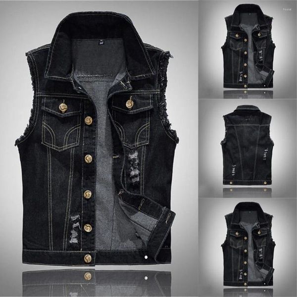 Gilets pour hommes Mode Ripped Denim Vest Élégant Tendance Casual Veste de cowboy sans manches à l'épaule Turn Down Neck Street Wear Blouse