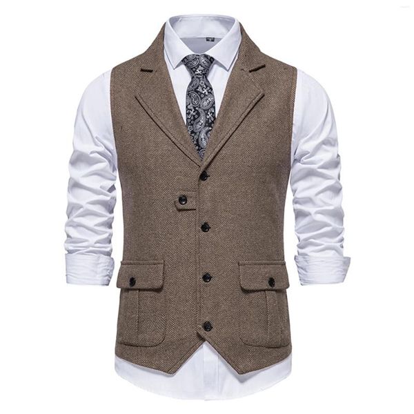 Gilets pour hommes Mode Col V Double Boutonnage Herringbone Tweed Costume Gilet Hommes Casual Rayé Gilet Punk Groomman Mariage