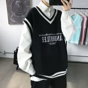Herenvesten mode v-neck plush college stijl heren vintage gebreide vest trend Harajuku hiphop casual los zwart paar trui