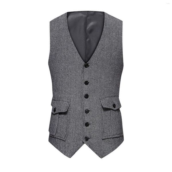 Chalecos para hombres Traje formal Chaleco Retro con cuello en V Chaleco de un solo pecho Tweed Herringbone Vestido de negocios masculino