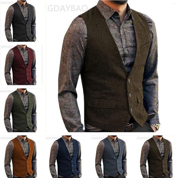 Chalecos para hombre, traje formal, chaleco con cuello en V, chaleco de espiga de Tweed, vestido de negocios para boda