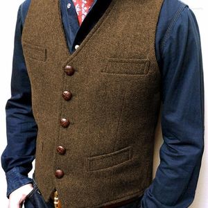 Herenvesten formele v nek wollen visgraat tweed casual bruine waastcoat zakelijke schildpad knop zilveren vest bruidegomman voor bruiloft prom guin2