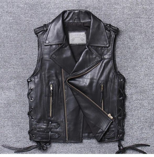 Gilets pour hommes Véritable gilet de moto de qualité supérieure en peau de vache épaisse coupe ajustée mode fermeture éclair réglable veste en cuir sans manches