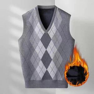 Coletes masculinos Geométrico Rhombus Sweater Colete Elegante Impressão V-Pescoço Quente Macio Elegante Comprimento Médio para Outono