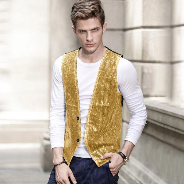 Gilets pour hommes Glitter Paillettes Costume Gilet Couleur Unie Col V Profond Sans Manches Manteau À Boutonnage Mâle Vintage Discothèque Fit Blazer Gilet Gilet