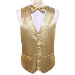 Chalecos para hombre Conjunto de chaleco dorado para hombre Moda Sólido Bling Chaleco con cuello en V Ajuste informal Novedad Traje con corbata de lazo Banquete de boda Desinger Barry.Wang