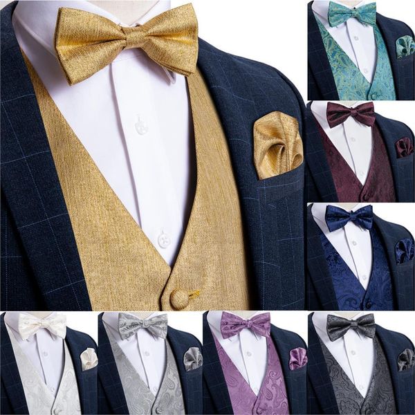 Hommes gilets or solide soie mariage pour hommes noeud papillon Hanky bouton de manchette cravate ensemble pour costume smoking DiBanGu Designer 230222