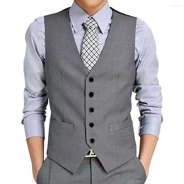 Chalecos para hombres Chaleco gris Elegante con cuello en V Trajes masculinos sólidos de un solo pecho Conjunto de 1 pieza Sin mangas Top Slim Casual Chaleco de boda 2024