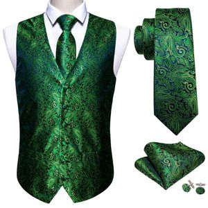 Gilets pour hommes Gilet en soie florale verte Gilet pour hommes Costume mince Cravate en argent Mouchoir Boutons de manchette Cravate Barry.Wang Business DesignMen's